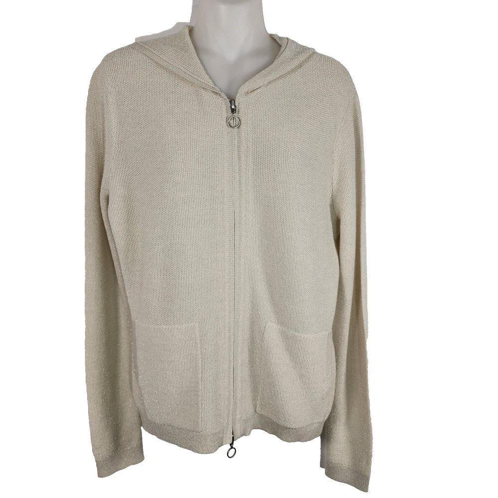 Worth New York Womens Hoodie Sweater Small Wool Metallic Ivory Full Zip Pockets